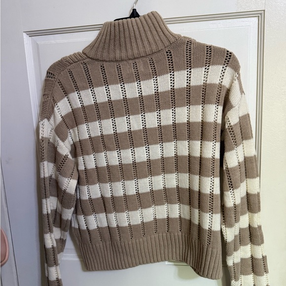 Women's Mock Turtleneck Quarter Zip Pullover Sweater - Beige/ Cream Striped S - Picture 8 of 8